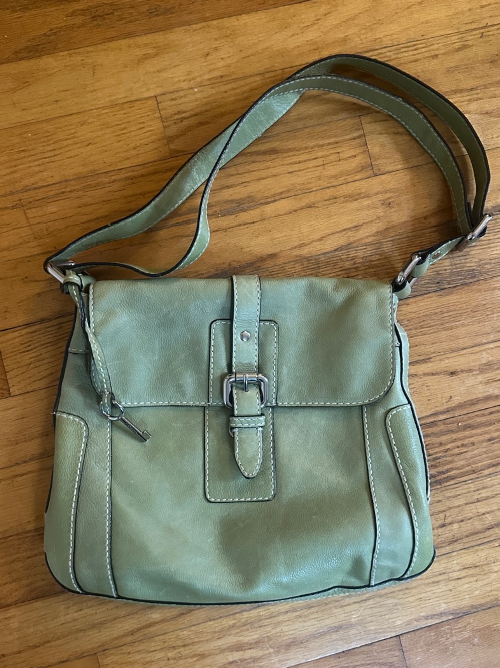 Fossil Sage Green Leather Buckle-Front Shoulder Bag